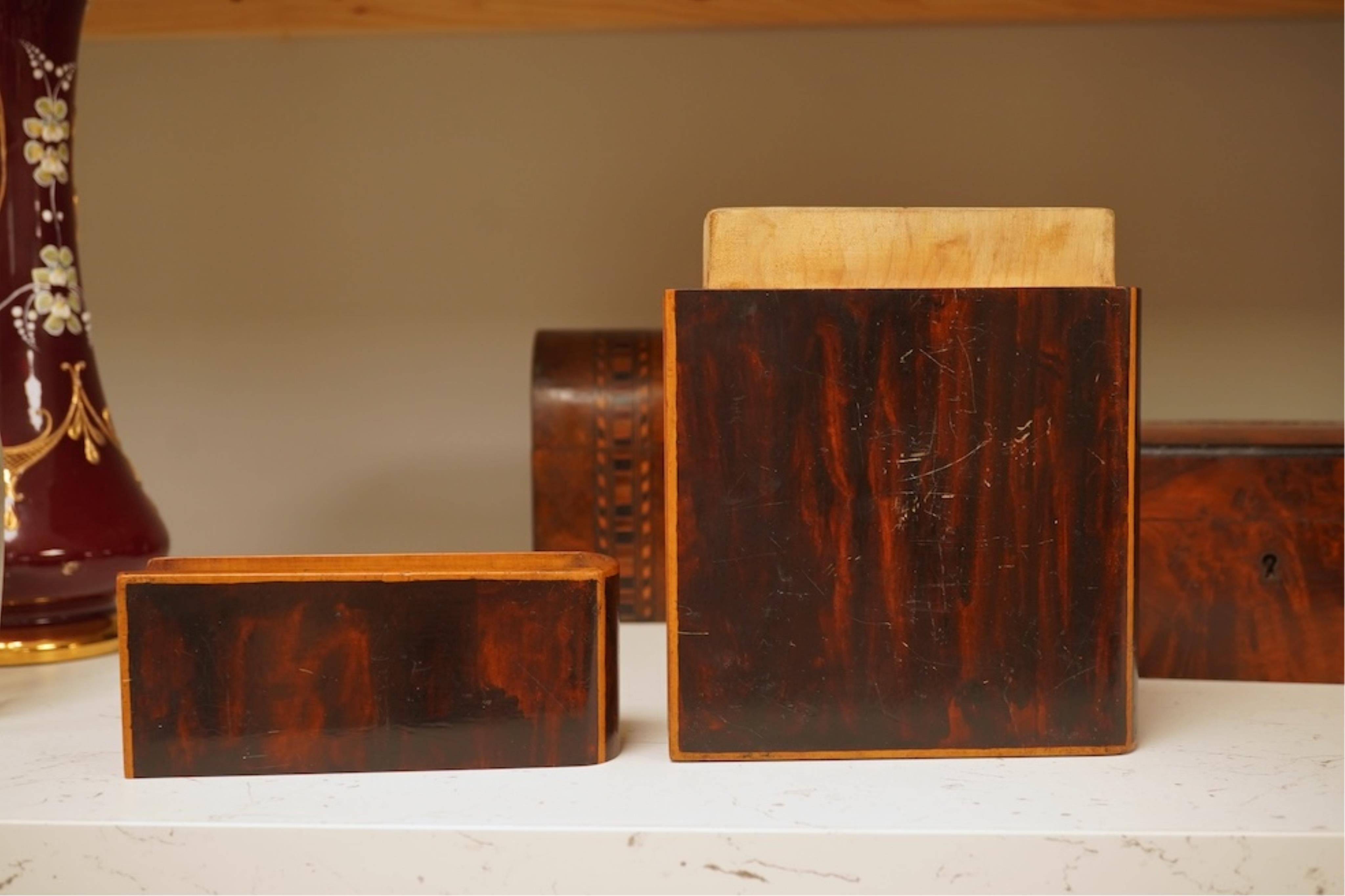 A 19th century French thuya box, Victorian tea caddy and an Art Nouveau book-shaped box, largest 20cm high